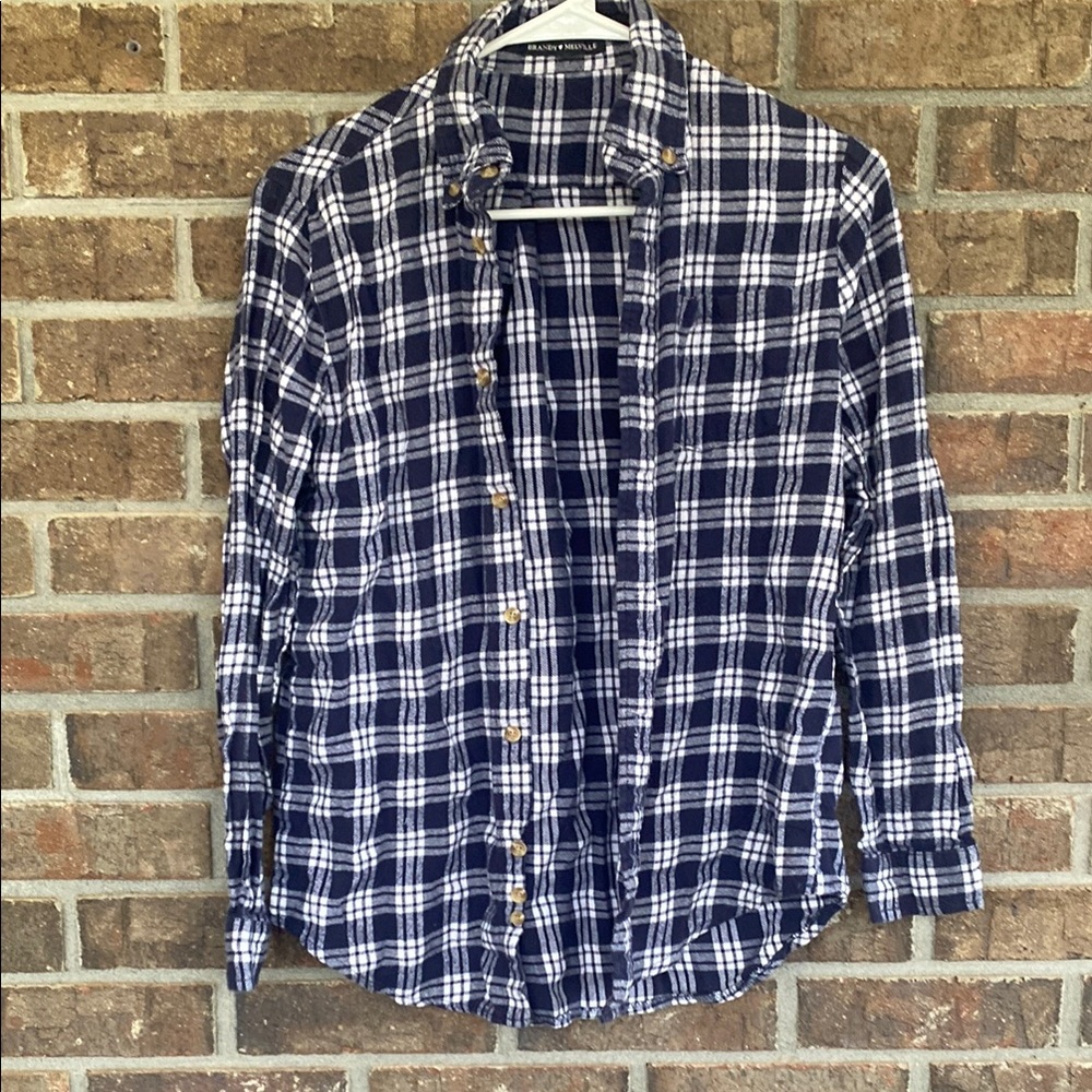 Brandy Melville Navy and White Plaid Button-Down Shirt